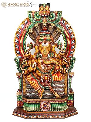 80" Large Size Eight Armed Lord Ganesha Seated on Kirtimukha Throne | Vaagai Wood Statue