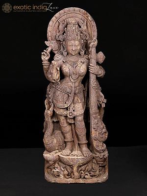 72" Huge Standing Goddess Saraswati | Khondalite Stone Sculpture | Shipped by Sea