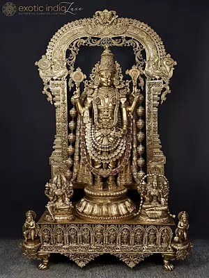 96" Large Bronze Statue of Lord Tirupati Balaji (Venkateshvara) with Intricate Carvings (Dashavatara Present at Bottom) | Shipped by Sea Overseas