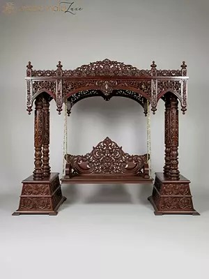126" Large Traditional Wooden Hand Carved | Floral Motifs Design Swing with Brass Chains | Home Decor | Shipped by Sea Overseas