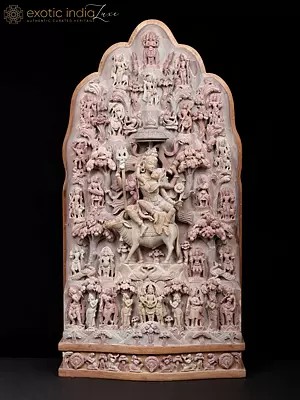 24" Shiv Vivah - The Divine Wedding of Shiva and Parvati | Pink Serpentine Stone Sculpture | By Shilp Guru Awarded Artist