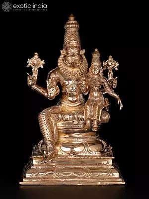 15" Blessing Lord Narasimha Seated with Goddess Lakshmi | Bronze Statue