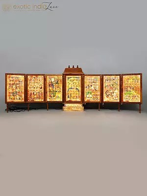 127" Huge Illuminated Krishna-Leela Shrine: Multi-Panel Andhra Leather Painting in Wooden Frame
