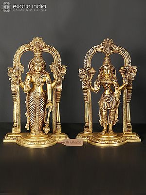 13" Standing Vishnu - Lakshmi on Kirtimukha Throne | Set of 2 Brass Statues