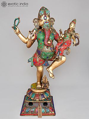 65" Large Size Dancing Lord Ganesha Statue with Shakti | Brass Statue with Inlay Work