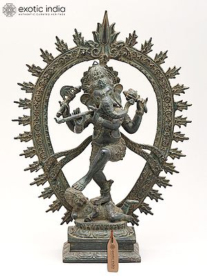 13" Dynamic Dancing Ganesha Under Cosmic Arch | Brass Statue