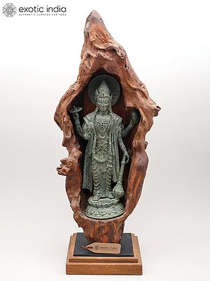 28" Standing Brass Lord Vishnu in Hand-Carved Wooden Grotto