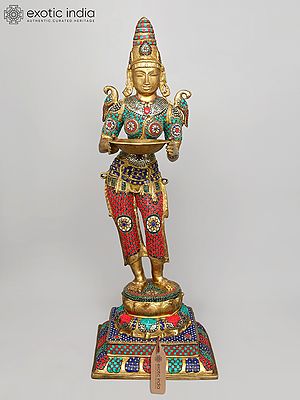 48" Large Standing Deep Lakshmi | Brass Statue with Inlay Work