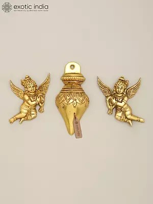 4" Brass Set of Ritual Kalash and Gandharvas | Wall Hanging