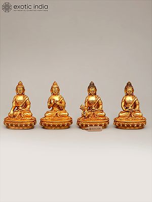 3" Small Set of Four Buddha in Different Mudras | Copper Statues