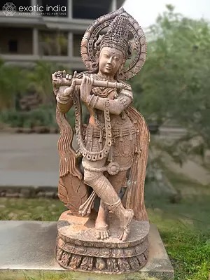 76" Lord Krishna Playing Flute | Sandstone Statue | Exquisite Handmade Indian Art