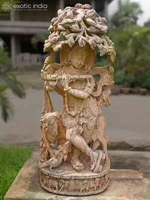 60" Krishna under the Tree | Sandstone Statue | Exquisite Handmade Indian Art