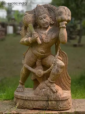 29" Lord Hanuman Holding Sanjivani Buti | Sandstone Statue | Exquisite Handmade Indian Artwork