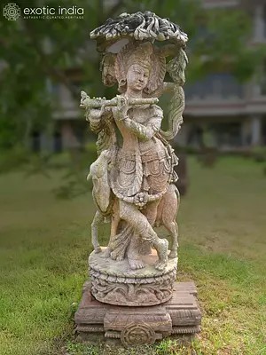 54" Lord Krishna Standing under the Tree with a Cow | Sandstone Statue | Exquisite Handmade Indian Artwork