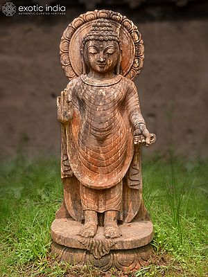 35" Blessing Lord Buddha | Sandstone Statue | Exquisite Handmade Indian Art