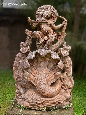 36" Lord Krishna Dancing on Kaliya Nag | Sandstone Statue | Exquisite Handmade Indian Art