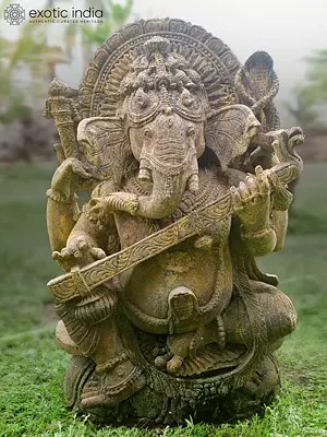 31" Lord Ganesha Holding Veena | Sandstone Statue | Exquisite Handmade Indian Art