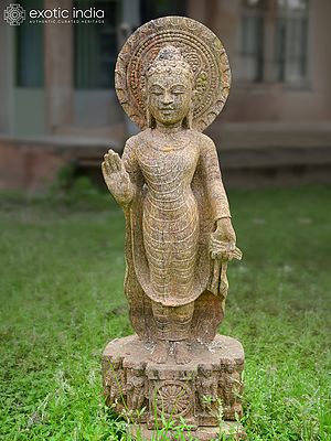 27" Standing Lord Buddha | Sandstone Statue | Exquisite Handmade Indian Art