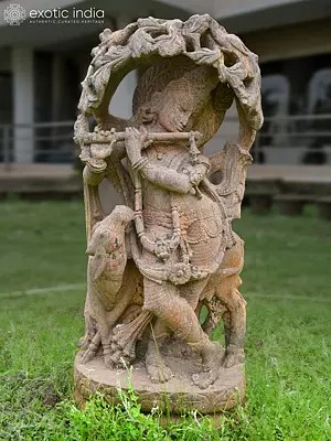 27" Lord Krishna with the Holy Cow | Sandstone Statue | Exquisite Handmade Indian Art