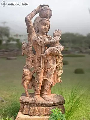 72" A Lady Holding her Kid and Pot on the Head | Sandstone Statue | Exquisite Handmade Indian Art