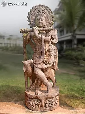73" Lord Kanhaiya Playing Flute | Sandstone Statue | Exquisite Handmade Indian Art