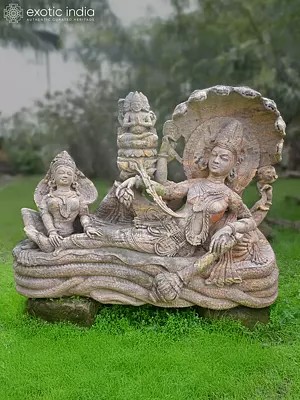 70" Lord Vishnu Reclining on the Sheshnag | Sandstone Statue | Exquisite Handmade Indian Art