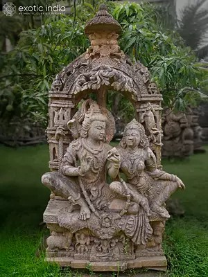 86" Seated Shiv Parvati | Orissa Stone Statue Exquisite Handmade Indian Art | Shipped by Sea Overseas