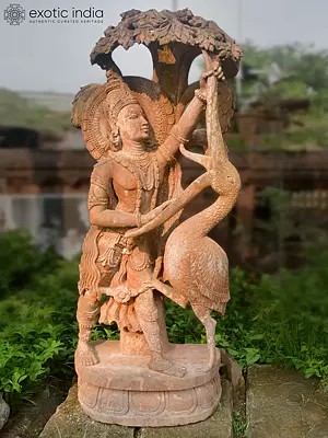70" God with Swan | Sandstone Statue | Exquisite Handmade Indian Art