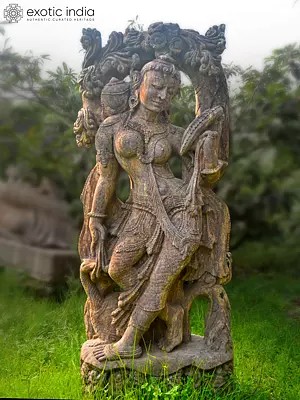 55" Beautiful Woman Admiring herself in the Mirror | Sandstone Statue | Exquisite Handmade Indian Artwork