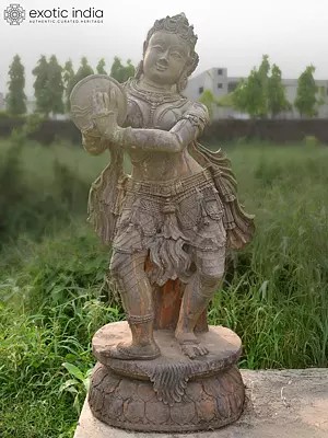 60" A Lady Holding Plate | Sandstone Statue | Exquisite Handmade Indian Art