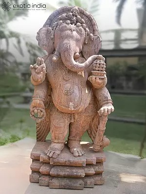 70" Standing Chaturbhuj Lord Ganesha | Sandstone Statue | Exquisite Handmade Indian Art