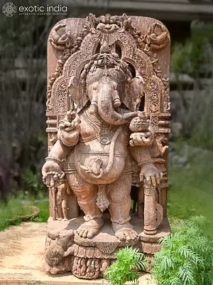 78" Lord Ganesha with his Mouse | Sandstone Statue | Exquisite Handmade Indian Art