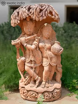 50" Radha Krishna with Cow under the Tree | Sandstone Statue | Exquisite Handmade Indian Art