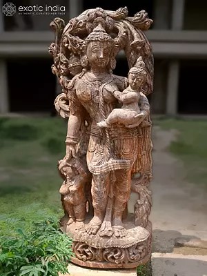 62" Lady with her Two Children | Sandstone Statue | Exquisite Handmade Indian Artwork