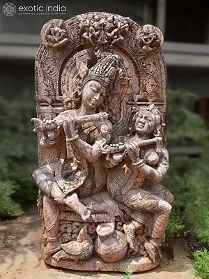 62" Radha and Krishna Playing Flute | Sandstone Statue | Exquisite Handmade Indian Art