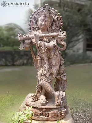 75" Lord Krishna Playing Flute | Sandstone Statue | Exquisite Handmade Indian Art