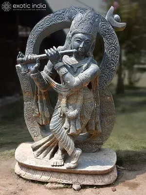 60" Black Lord Krishna Standing in Front of Om | Orissa Stone Statue | Exquisite Handmade Indian Art