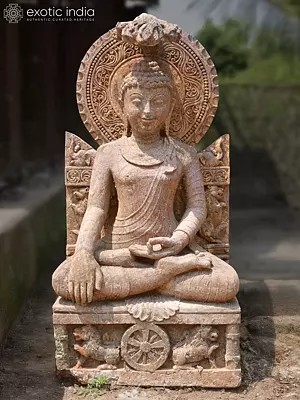 36" Great Buddha Seated in Bhumisparsha Mudra | Sandstone Statue | Exquisite Handmade Indian Art