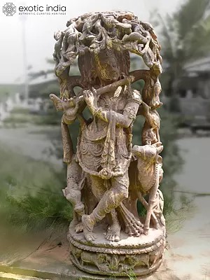 62" Standing Lord Krishna with Cow under the Tree | Sandstone Statue | Exquisite Handmade Indian Art