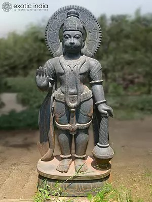 69" Black Lord Hanuman | Orissa Stone Statue | Exquisite Handmade Indian Art