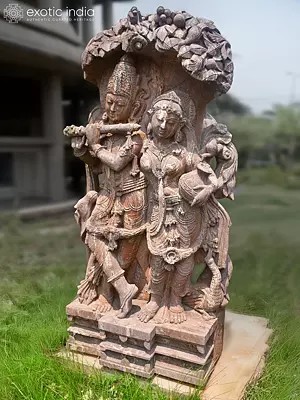 74" Lord Krishna with Goddess Radha | Sandstone Statue | Exquisite Handmade Indian Art
