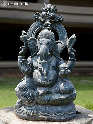 50" Seated Black Lord Ganesha | Granite Stone Statue | Exquisite Handmade Indian Art