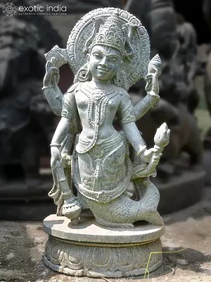 23" Vishnu in the Incarnation of Fish | Orissa Stone Statue | Exquisite Handmade Indian Art
