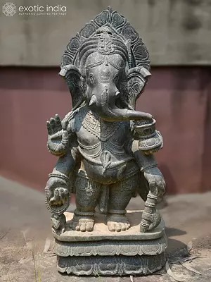 25" Black Lord Ganesha | Orissa Stone Statue | Exquisite Handmade Indian Art