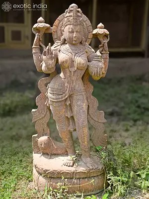 41" Goddess Lakshmi Holding Pot and Lotus | Sandstone Statue | Exquisite Handmade Indian Art