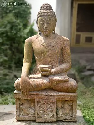 49" Lord Buddha Seated on Pedestal | Sandstone Statue | Exquisite Handmade Indian Art