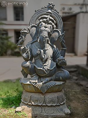 65" Four Armed Ganesha Seated on Pedestal | Granite Stone Statue | Exquisite Handmade Indian Art