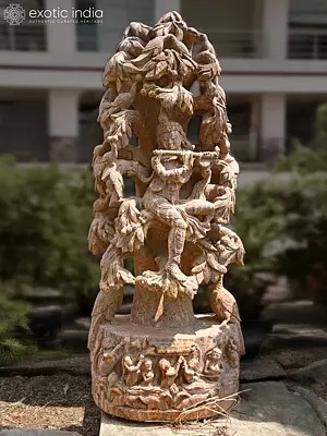 51" Lord Krishna Seated on the Branch of Tree | Sandstone Statue | Exquisite Handmade Indian Art