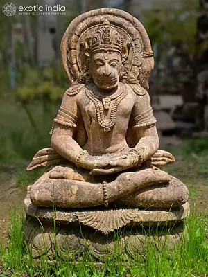 25" Lord Hanuman - Dhyana Mudra | Sandstone Statue | Exquisite Handmade Indian Art