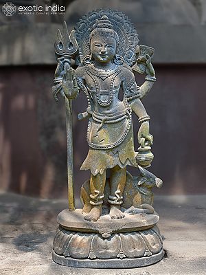25" Standing Lord Shiva Holding Trident | Orissa Stone Statue | Exquisite Handmade Indian Art